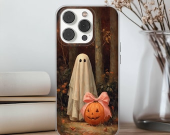 Halloween Phone Case With Ghost and Pumpkin Autumn Cover for iPhone 17 16 15 14 13 XR Pro Max Plus, Samsung Galaxy S26 S25 S24 Ultra