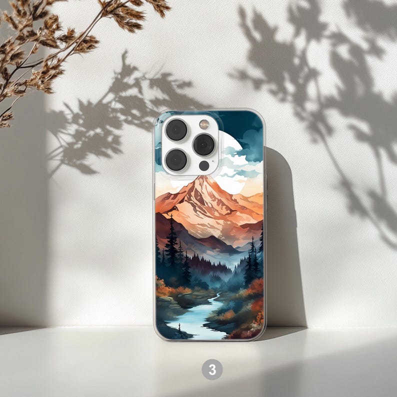 Mountain landscape phone case featuring scenic nature design with peaks, trees, and sky. Aesthetic and protective case for iPhone and Samsung. Ideal for outdoor lovers, hikers, and nature enthusiasts. Durable and stylish phone cover with mountain view artwork, perfect for those who love travel, adventure, and natural beauty.