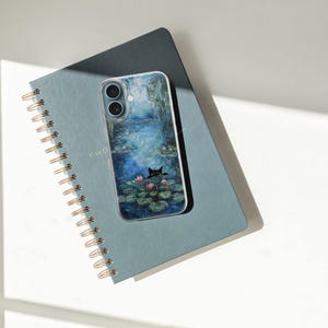 Black cat phone case featuring famous artist painting like Claude Monet and Van Gogh. Unique design blending fine art and feline charm. Perfect for cat lovers and art enthusiasts. Stylish and protective case for iPhone, Samsung, Google Pixel and other models.