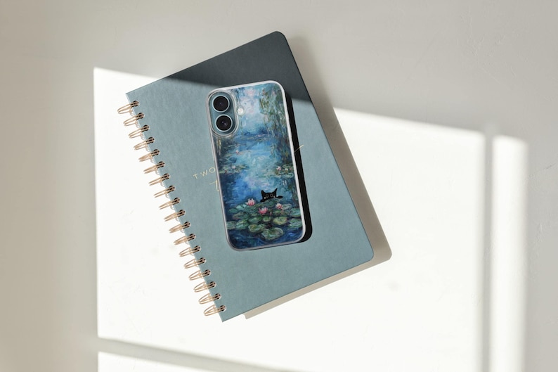 Black cat phone case featuring famous artist painting like Claude Monet and Van Gogh. Unique design blending fine art and feline charm. Perfect for cat lovers and art enthusiasts. Stylish and protective case for iPhone, Samsung, Google Pixel and other models.