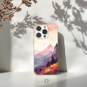 Mountain landscape phone case featuring scenic nature design with peaks, trees, and sky. Aesthetic and protective case for iPhone and Samsung. Ideal for outdoor lovers, hikers, and nature enthusiasts. Durable and stylish phone cover with mountain view artwork, perfect for those who love travel, adventure, and natural beauty.