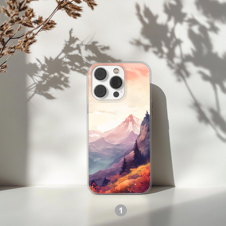 Mountain landscape phone case featuring scenic nature design with peaks, trees, and sky. Aesthetic and protective case for iPhone and Samsung. Ideal for outdoor lovers, hikers, and nature enthusiasts. Durable and stylish phone cover with mountain view artwork, perfect for those who love travel, adventure, and natural beauty.