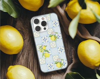 Lemon Tile Phone Case Blue Mosaic Cover for iPhone 17 16 15 14 13 12 XR Pro Max, Samsung Galaxy S25 S24 Ultra Plus