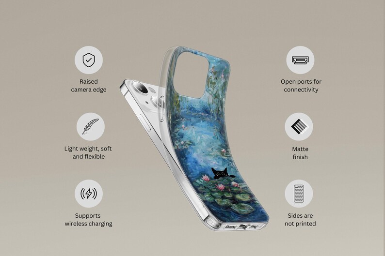 Black cat phone case featuring famous artist painting like Claude Monet and Van Gogh. Unique design blending fine art and feline charm. Perfect for cat lovers and art enthusiasts. Stylish and protective case for iPhone, Samsung, Google Pixel and other models.