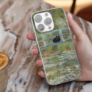 Black cat phone case featuring famous artist painting like Claude Monet and Van Gogh. Unique design blending fine art and feline charm. Perfect for cat lovers and art enthusiasts. Stylish and protective case for iPhone, Samsung, Google Pixel and other models.