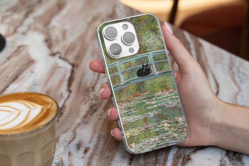Black cat phone case featuring famous artist painting like Claude Monet and Van Gogh. Unique design blending fine art and feline charm. Perfect for cat lovers and art enthusiasts. Stylish and protective case for iPhone, Samsung, Google Pixel and other models.