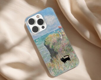 Black Cat Phone Case Claude Monet Inspired Painting Cover for iPhone 17 16 15 14 13 12 11 Pro Max, Samsung S25 S24 Plus Ultra FE, Pixel 10 9