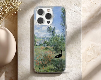 Black Cat Phone Case Claude Monet Inspired Painting Cover for iPhone 17 16 15 14 13 12 11 Pro Max, Samsung S25 S24 Plus Ultra FE, Pixel 10 9