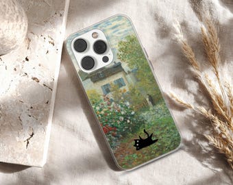 Black Cat Phone Case Claude Monet Inspired Painting Cover for iPhone 17 16 15 14 13 12 11 Pro Max, Samsung S25 S24 Plus Ultra FE, Pixel 10 9