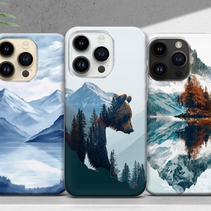 Mountain Phone Case with Forest Landscape, Bear Cover for iPhone 16 15 14 13 12 XR Pro Max Plus, Samsung S25 S24 Ultra