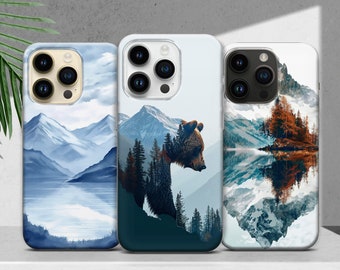 Mountain Phone Case with Forest Landscape, Bear Cover for iPhone 17 16 15 14 13 12 XR Pro Max Plus, Samsung S25 S24 Ultra