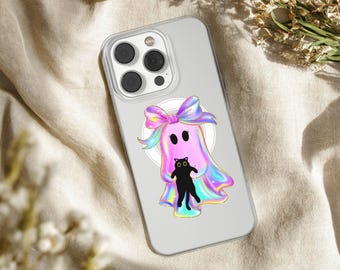 Autumn Phone Case With Ghost and Black Cat, Clear MagSafe Halloween Cover for iPhone 17 16 15 14 Pro Max Plus, Samsung S26 S25 S24 Ultra