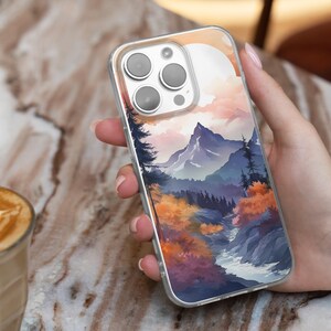 Mountain landscape phone case featuring scenic nature design with peaks, trees, and sky. Aesthetic and protective case for iPhone and Samsung. Ideal for outdoor lovers, hikers, and nature enthusiasts. Durable and stylish phone cover with mountain view artwork, perfect for those who love travel, adventure, and natural beauty.