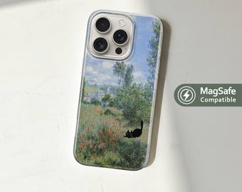 Black Cat Phone Case, MagSafe Cover for iPhone 17, 16 Pro, 15, 14, 13 Plus Max, Samsung S25, S24 – Monet Art Inspired