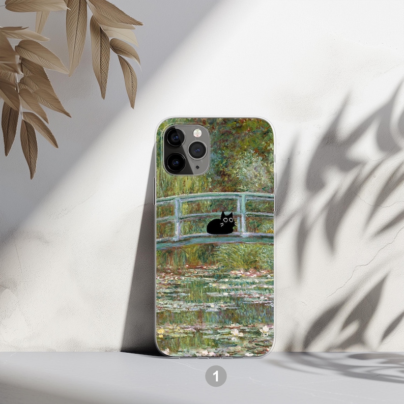 Black cat phone case featuring famous artist painting like Claude Monet and Van Gogh. Unique design blending fine art and feline charm. Perfect for cat lovers and art enthusiasts. Stylish and protective case for iPhone, Samsung, Google Pixel and other models.
