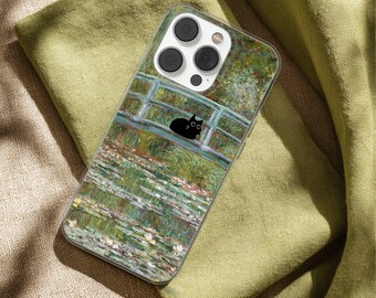 Black Cat Phone Case Claude Monet Inspired Painting Cover for iPhone 17 16 15 14 13 12 11 Pro Max, Samsung S25 S24 Plus Ultra FE, Pixel 10 9