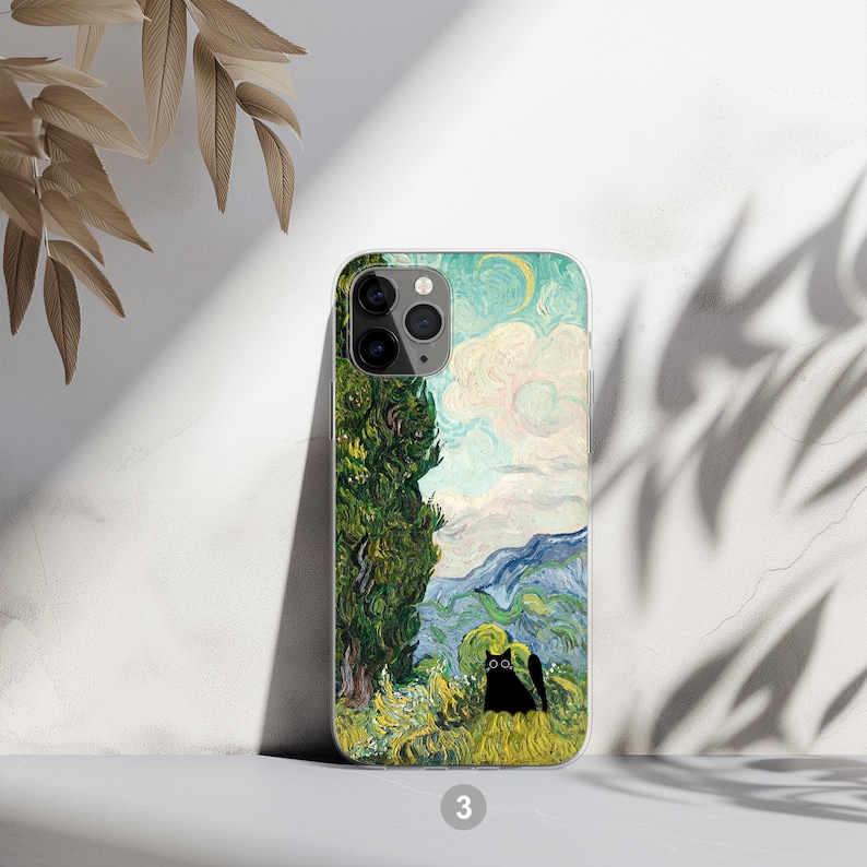 Black cat phone case featuring famous artist painting like Claude Monet and Van Gogh. Unique design blending fine art and feline charm. Perfect for cat lovers and art enthusiasts. Stylish and protective case for iPhone, Samsung, Google Pixel and other models.