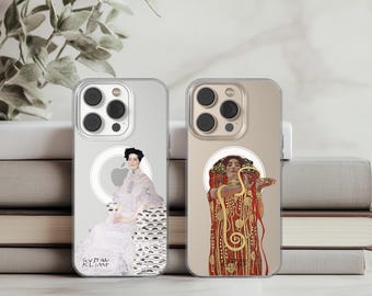 May include: Two clear phone cases with images of paintings by Gustav Klimt. The case on the left features a woman in a white dress, the case on the right features a woman in a red dress with a snake.