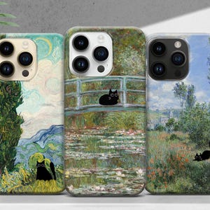 Black cat phone case featuring famous artist painting like Claude Monet and Van Gogh. Unique design blending fine art and feline charm. Perfect for cat lovers and art enthusiasts. Stylish and protective case for iPhone, Samsung, Google Pixel and other models.