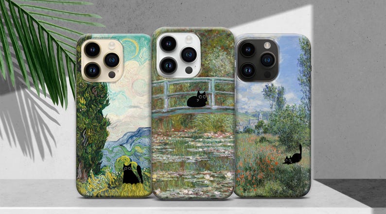 Black cat phone case featuring famous artist painting like Claude Monet and Van Gogh. Unique design blending fine art and feline charm. Perfect for cat lovers and art enthusiasts. Stylish and protective case for iPhone, Samsung, Google Pixel and other models.