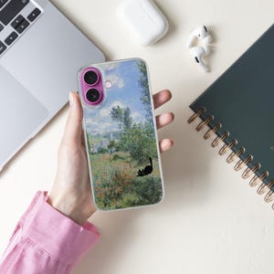 Black cat phone case featuring famous artist painting like Claude Monet and Van Gogh. Unique design blending fine art and feline charm. Perfect for cat lovers and art enthusiasts. Stylish and protective case for iPhone, Samsung, Google Pixel and other models.