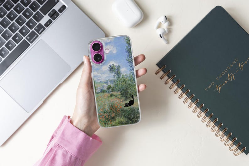 Black cat phone case featuring famous artist painting like Claude Monet and Van Gogh. Unique design blending fine art and feline charm. Perfect for cat lovers and art enthusiasts. Stylish and protective case for iPhone, Samsung, Google Pixel and other models.