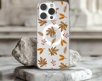Autumn Phone Case with Leaves, Clear MagSafe Halloween Cover for iPhone 17 16 15 14 13 12 Pro Max Plus, Samsung S26 S25 S24 Ultra