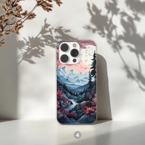 Mountain landscape phone case featuring scenic nature design with peaks, trees, and sky. Aesthetic and protective case for iPhone and Samsung. Ideal for outdoor lovers, hikers, and nature enthusiasts. Durable and stylish phone cover with mountain view artwork, perfect for those who love travel, adventure, and natural beauty.