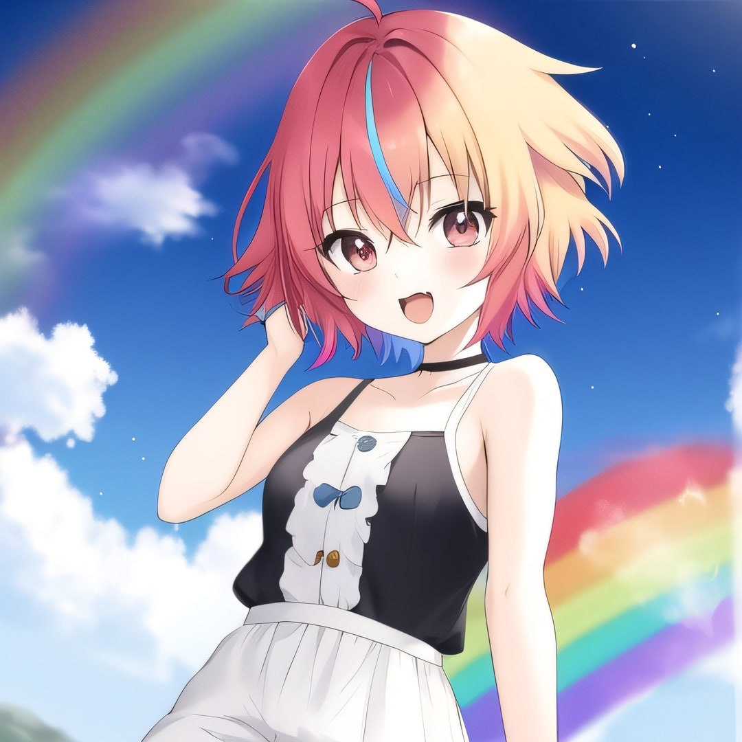 Rainbow Short Hair Anime Girl Digital Download (Download Now) 