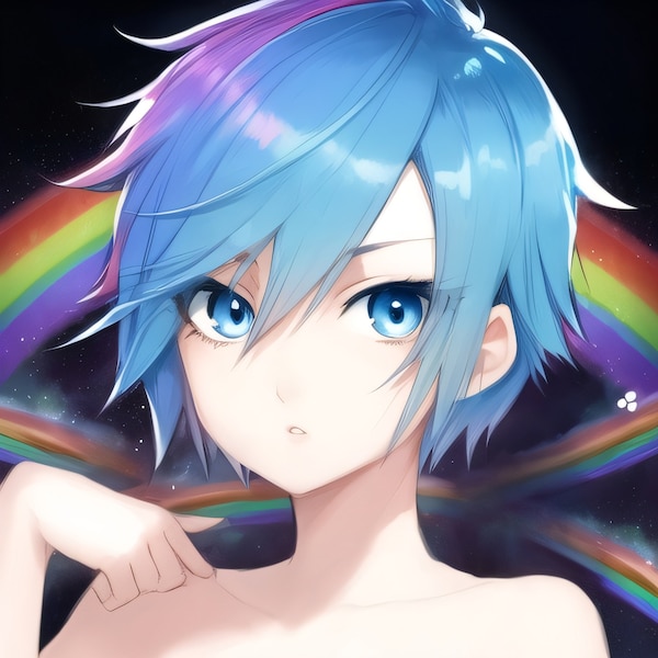 Blue hair, blue eye anime girl with rainbow digital download