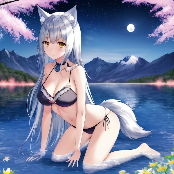 Silver Anime Wolf fille agenouillée dans le lac. Téléchargement d'art numérique.