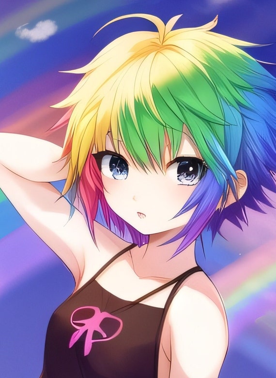 Rainbow Short Hair Anime Girl Digital Download (Download Now) 