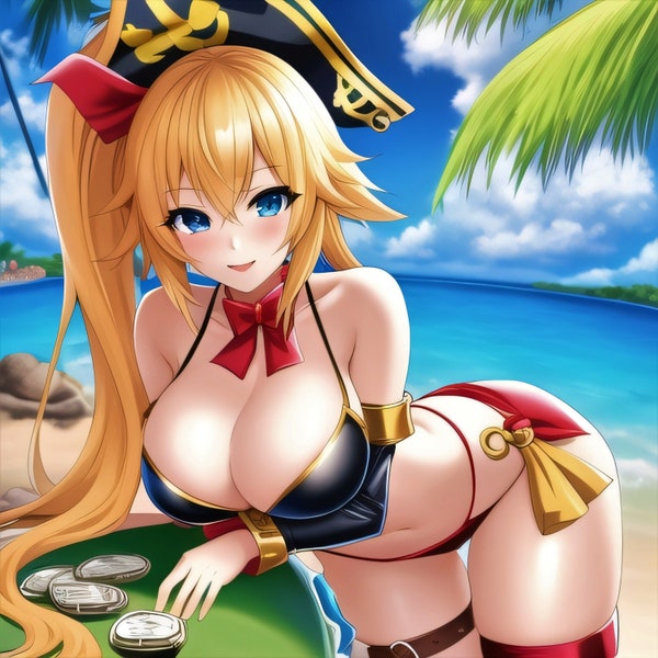 Blonde anime piraat meisje op een tropisch strand. Digitale kunst downloaden.
