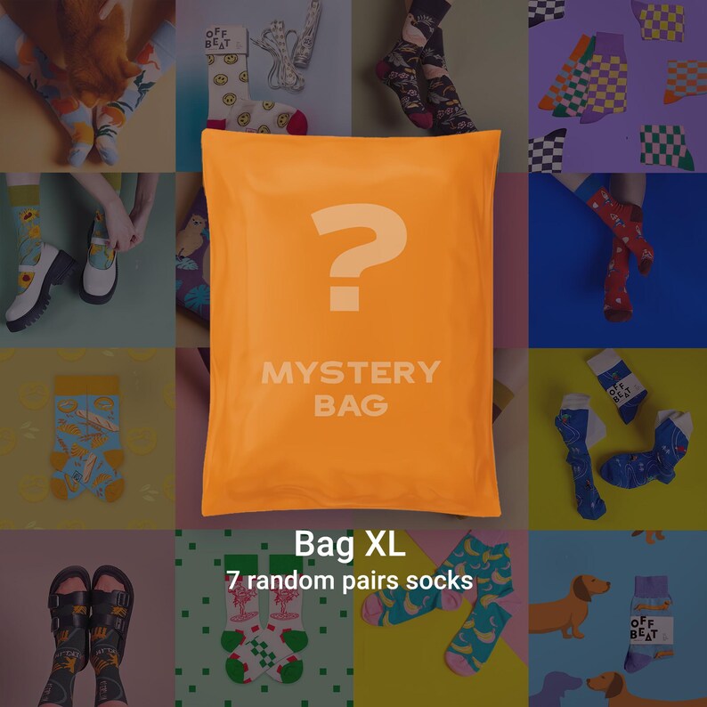 May include: An orange mystery bag with a question mark and the words "MYSTERY BAG" printed on it. The bag is surrounded by images of various colorful socks with different patterns, including fruit, smiley faces, and dachshunds. Text on the bag says "Bag XL 7 random pairs socks."