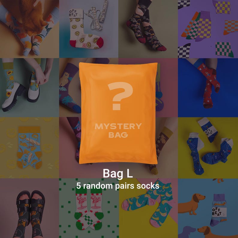 May include: An orange mystery bag with a question mark and the words "MYSTERY BAG" printed on it. The image shows various pairs of colorful socks with different patterns, including fruits, smiley faces, and checkered designs. The text "Bag L" and "5 random pairs socks" are also visible.