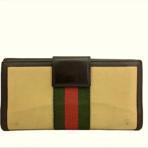 Carteira autêntica de couro marrom Gucci e lona bege com listras clássicas