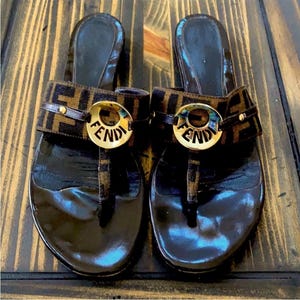 Fendi Zucca Monogram Brown and Black Sandals Size 40 or 9.5 with gold buckle