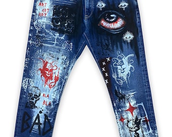 Handmade Painted Denim Pants: Gothic Punk Streetwear