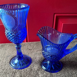 1976 Vintage Avon by Fostoria Glass Cobalt Blue Glass 8" Goblet & 6" Pitcher EUC Sold as Set