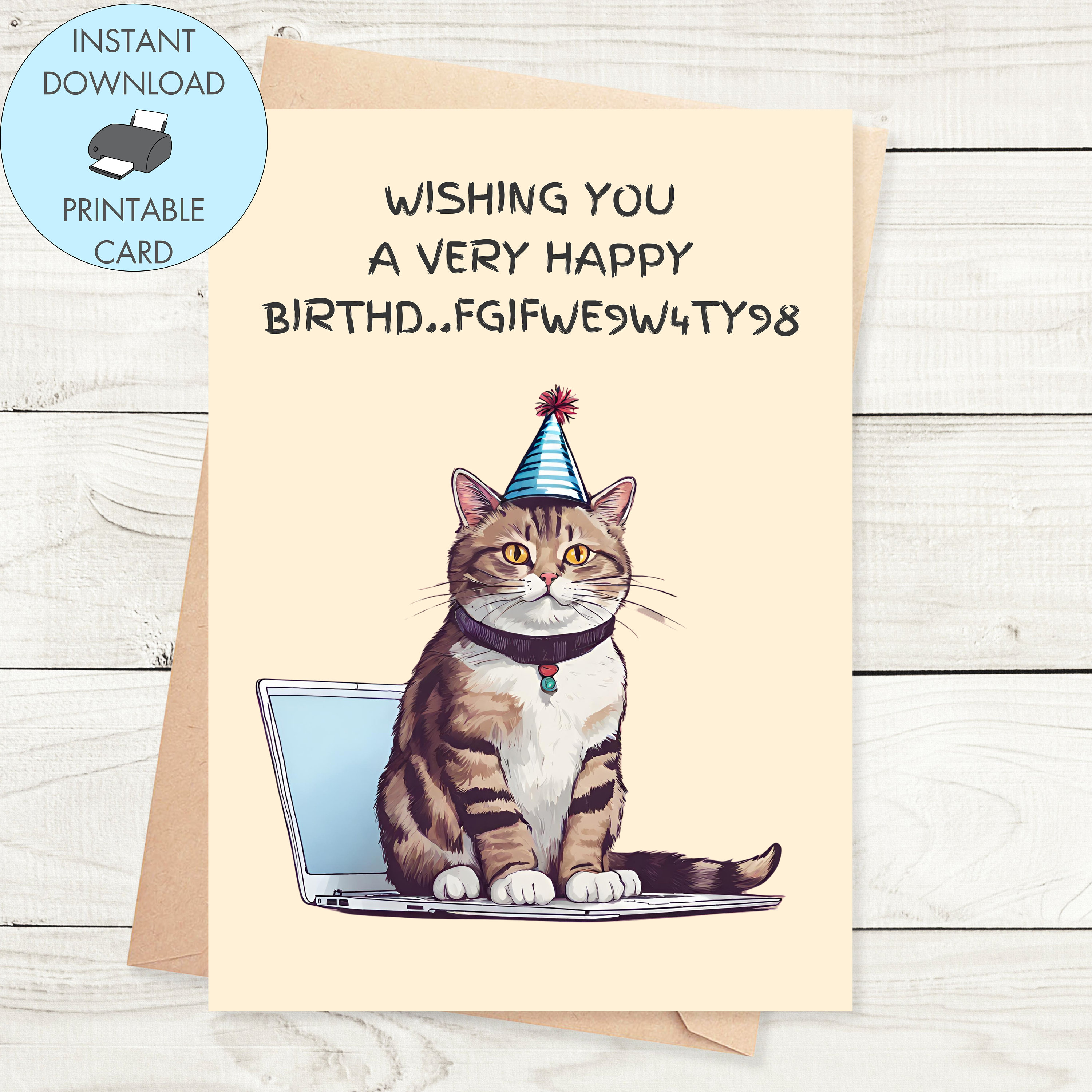 Printable Cat on Laptop Birthday Card, Funny Cat Birthday Card Cat