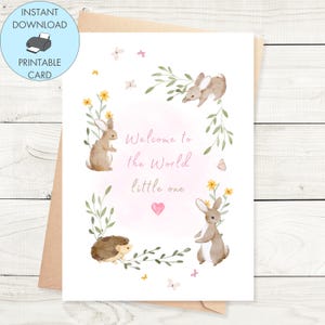 Tarjeta imprimible para recién nacidos, bienvenida al mundo, pequeña rosa, descarga instantánea, tarjeta para recién nacidos, niña, tarjeta imprimible para bebé, temática animal