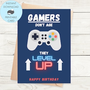 Afdrukbare gelukkige verjaardagskaart voor gamers, gamingverjaardagskaart Afdrukbare gamingkaart, level-upkaart, digitale verjaardagskaart gamer