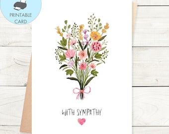 Printable Sympathy Card, Instant Download Sympathy Flowers Card, Watercolour With Sympathy Card Flowers And Heart Printable Condolences Card