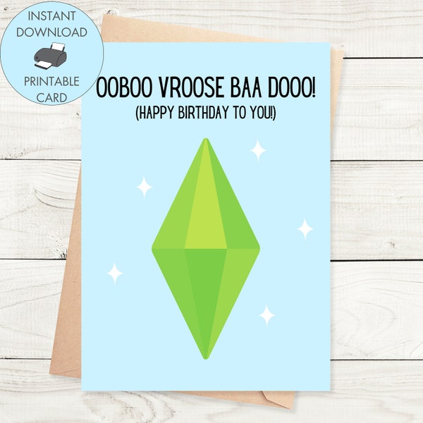 Printable Sims Happy Birthday Card Plumbob, Sims Instant Download Card Sims Lover Birthday Card Gamer, Plumbob Card - Colourful