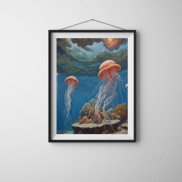 pink jellyfish| jellyfish| jelly fish art | pink art | ocean art | blue art | printable wall decor | creative | beautiful art | ocean |