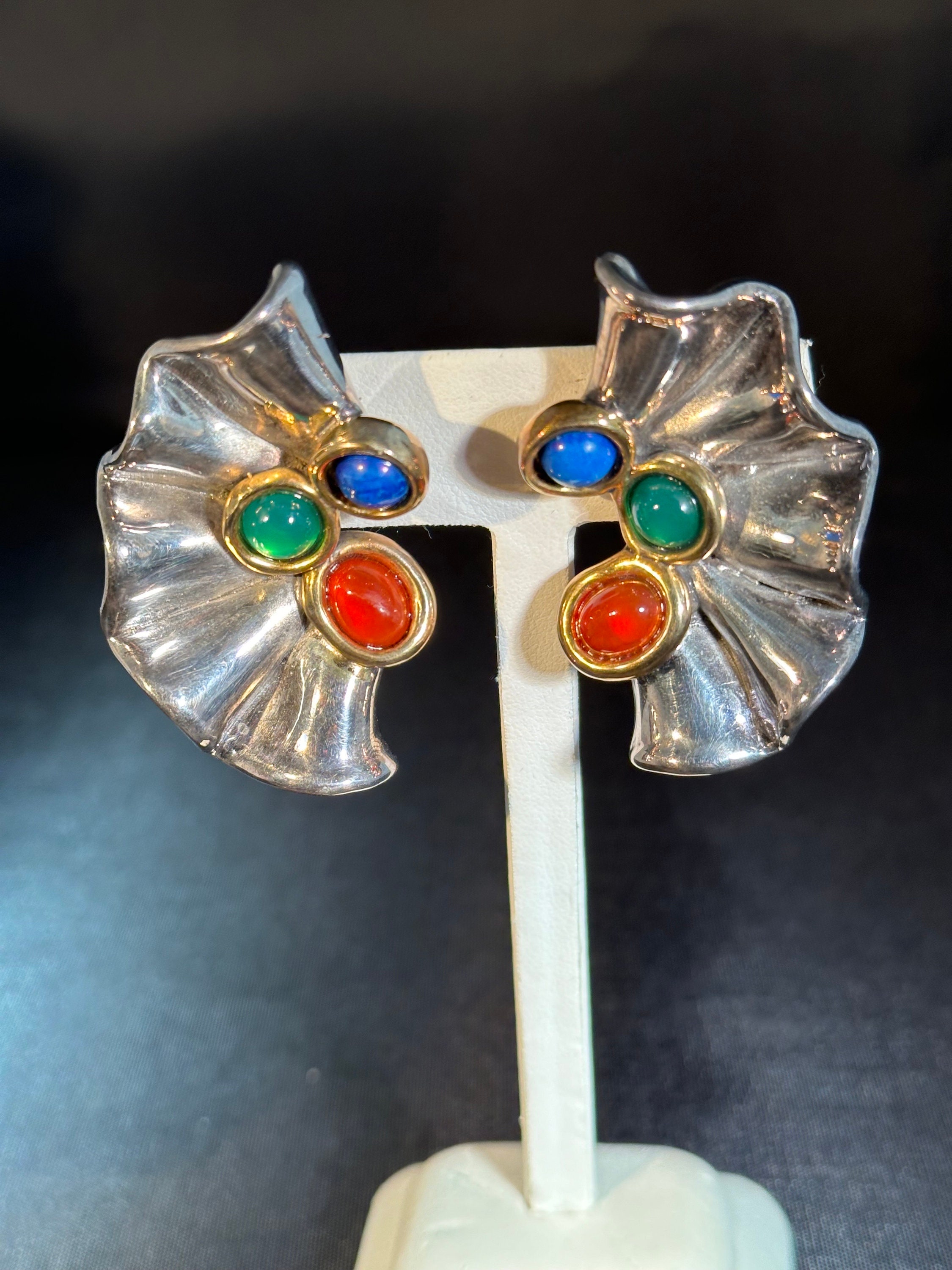 Vintage Bat Ami Stamped 925, Clip Earrings With Gemstones