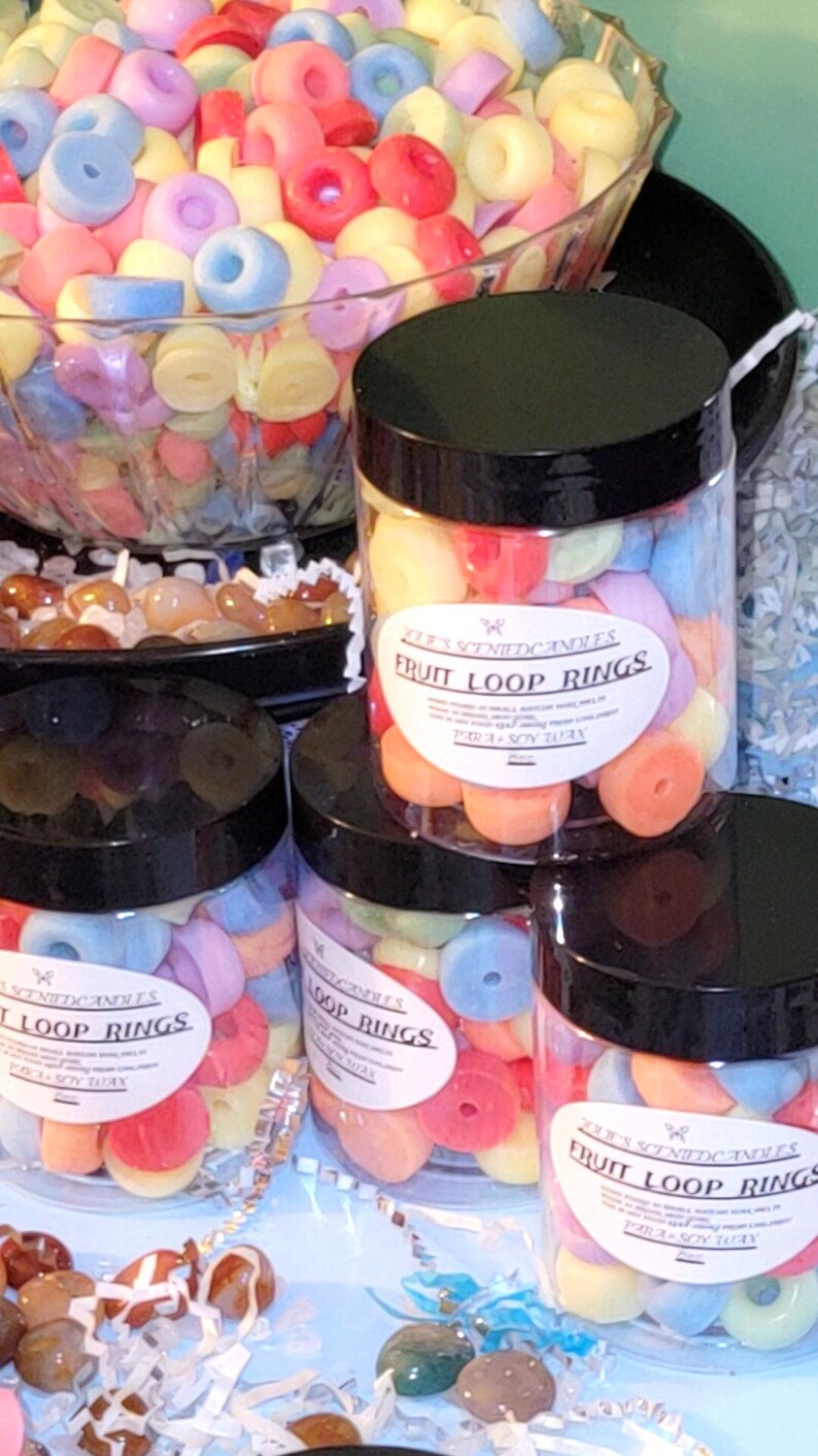 Realistic fruit loops wax melts in vibrant colors, shaped like cereal, perfect for wax warmers or candle embeds, made from soy wax.  wax warmers melts, fruit loop embeds, cereal wax melts, soy wax melts, food shaped wax, fruity loops scent