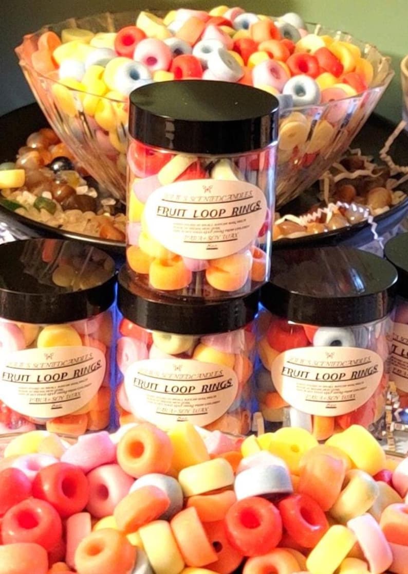Realistic fruit loops wax melts in vibrant colors, shaped like cereal, perfect for wax warmers or candle embeds, made from soy wax.  wax warmers melts, fruit loop embeds, cereal wax melts, soy wax melts, food shaped wax, fruity loops scent