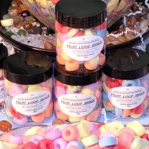 Realistic fruit loops wax melts in vibrant colors, shaped like cereal, perfect for wax warmers or candle embeds, made from soy wax.  wax warmers melts, fruit loop embeds, cereal wax melts, soy wax melts, food shaped wax, fruity loops scent
