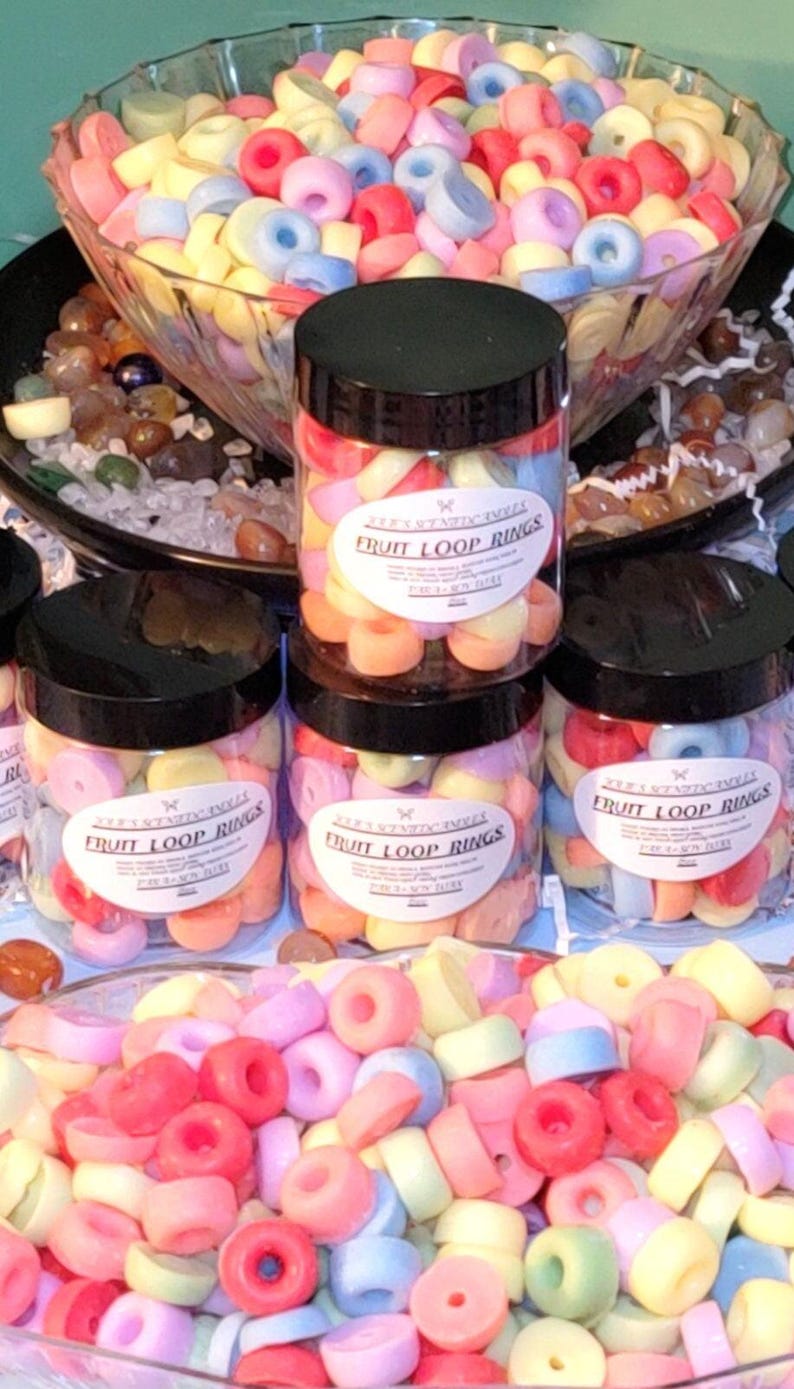 Realistic fruit loops wax melts in vibrant colors, shaped like cereal, perfect for wax warmers or candle embeds, made from soy wax.  wax warmers melts, fruit loop embeds, cereal wax melts, soy wax melts, food shaped wax, fruity loops scent
